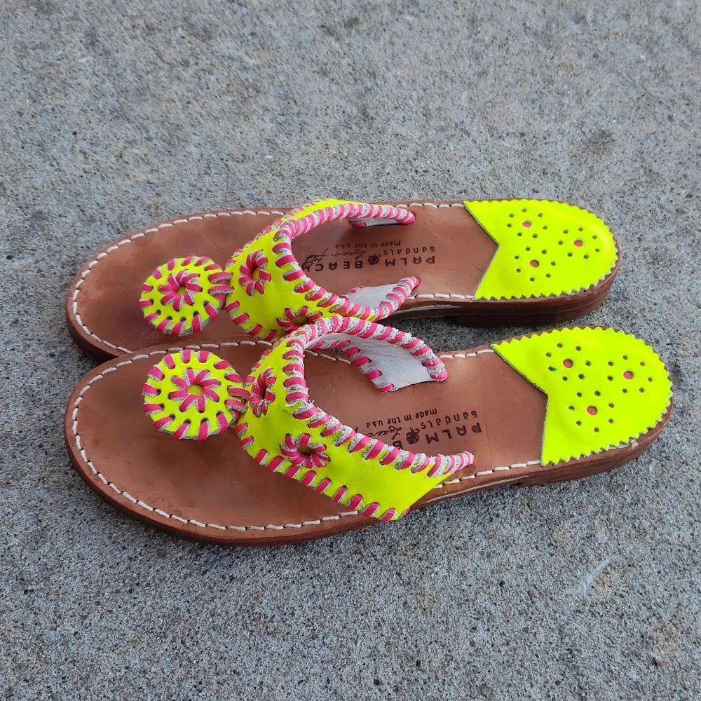 Palm Beach Handmade Leather Neon Green Pink Sandals Size 8 Beachy Tropical USA - Picture 2 of 16